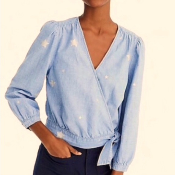 J. CREW Blue Chambray Wrap Top with Distressed Silver Star Print XS - Picture 2 of 8